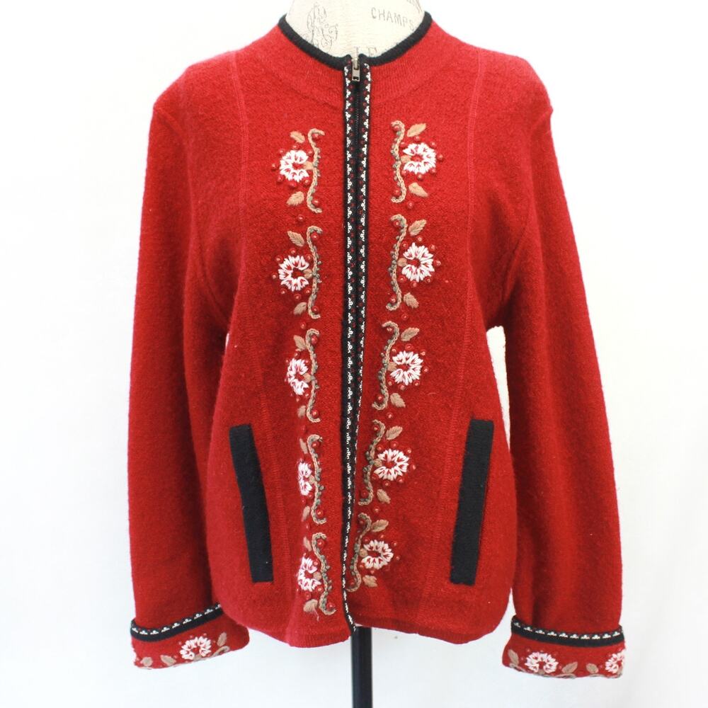 Real Comfort Red 100% Wool Sweater Cardigan Zip Embroidered Floral Cottagecore M - Picture 2 of 8